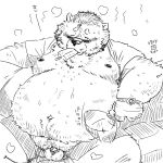  2016 anthro balls belly big_balls big_belly black_and_white bodily_fluids bottomwear chest_tuft clock clothed clothing dessert eyewear food ice_cream japanese_text male mammal monochrome moobs navel nipples obese open_pants open_shirt overweight pants penis shirt shorts sketch small_penis solo spread_legs spreading sunglasses sweat text topwear totemoii_029 tuft uchiwa_fan unknown_species unzipped watch wristwatch 