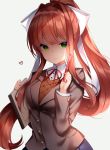  1girl blazer blush bow breasts brown_hair brown_jacket brown_sweater buttons collared_shirt doki_doki_literature_club green_eyes hair_bow hair_intakes high_ponytail highres holding holding_pen jacket large_breasts long_hair long_sleeves looking_at_viewer monika_(doki_doki_literature_club) neck_ribbon notebook pen ponytail ribbon school_uniform shaded_face shirt shouu-kun simple_background smile solo sweater undershirt upper_body very_long_hair white_background white_bow wing_collar 