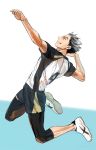  1boy airsthiner arm_up black_hair black_legwear blue_background bokuto_koutarou full_body grey_hair haikyuu!! jumping knee_pads looking_to_the_side looking_up male_focus midair multicolored multicolored_background multicolored_hair number shirt short_hair short_sleeves shorts simple_background solo sportswear t-shirt teeth two-tone_hair volleyball_uniform white_background white_footwear 