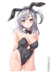  1girl alternate_costume animal_ears blue_eyes blush bodysuit breasts bunny_ears bunny_girl bunnysuit covered_navel ebifurya eyebrows_visible_through_hair hair_between_eyes headband highres kantai_collection long_hair looking_at_viewer medium_breasts silver_hair simple_background solo suzutsuki_(kantai_collection) twitter_username white_background 