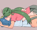 2girls blue_hair blush breast_press breasts brown_background closed_eyes dark_skin flower girl_on_top green_hair grey_shorts hair_flower hair_ornament hairband hand_on_another&#039;s_head hug kiss lying mao_(pokemon) medium_breasts multiple_girls nose_blush on_back open_mouth pink_shirt pokemon pokemon_(game) pokemon_sm shirt short_hair shorts simple_background suiren_(pokemon) sweat t-shirt trial_captain twintails umonebi white_shirt yuri 