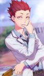  1boy absurdres artist_name belt blazer blurry blurry_background commission day dodmsdk finger_licking food formal haikyuu!! hand_up highres jacket licking male_focus necktie outdoors popsicle purple_neckwear red_eyes red_hair school solo spiked_hair standing suit tendou_satori white_jacket 