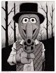  aiming_at_viewer big_nose border bruce_mccorkindale clothing crossover dead_man eyebrows gonzo_(muppets) gun handgun hat headgear headwear looking_at_viewer male monochrome muppet muppets parody ranged_weapon revolver shirt signature solo topwear tree unibrow vest weapon western white_border 