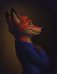  2019 anthro canid canine clothed clothing dipstick_ears disney fox fur green_eyes half-length_portrait inner_ear_fluff mammal multicolored_ears nick_wilde nik159 orange_body orange_fur portrait red_fox side_view simple_background smile solo tuft zootopia 