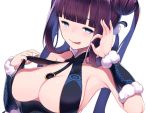  1girl armpits bangs bare_shoulders black_dress blue_eyes blunt_bangs blush breasts cleavage detached_sleeves double_bun dress fate/grand_order fate_(series) large_breasts licking_lips long_hair looking_at_viewer muneshiro_(hitsuji_kikaku) purple_hair sideboob sidelocks simple_background smile solo strap_pull tongue tongue_out twintails very_long_hair white_background yang_guifei_(fate/grand_order) 