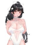  1girl :o absurdres azur_lane bare_arms bare_shoulders black_hair blush bow breasts brown_eyes casual_one-piece_swimsuit cleavage collarbone covered_navel covered_nipples criss-cross_halter flower groin hair_bow hair_flower hair_ornament halterneck hand_on_own_chest highleg highleg_swimsuit highres large_breasts long_hair looking_at_viewer misaki159123 one-piece_swimsuit open_mouth ponytail simple_background solo swimsuit takao_(azur_lane) takao_(beach_rhapsody)_(azur_lane) upper_body white_background white_bow white_flower white_swimsuit 