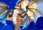  2019 anthro black_body black_fur brown_eyes canid canine chiropteran featureless_crotch fox fur glowing heather_bruton hybrid male mammal membrane_(anatomy) membranous_wings moon night nude outside red_body red_fox red_fur solo star towel translucent translucent_wings white_body white_fur wings 