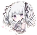  1girl :&lt; bangs barefoot black_jacket black_ribbon brown_skirt chibi closed_mouth commentary_request cottontailtokki eyebrows_visible_through_hair frilled_pillow frills full_body granblue_fantasy hair_between_eyes hair_ribbon heart jacket long_hair long_sleeves open_clothes open_jacket orchis pillow pleated_skirt purple_eyes ribbon silver_hair simple_background sitting skirt sleeves_past_fingers sleeves_past_wrists solo two_side_up white_background 