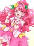  1girl :d absurdres blush cowboy_shot cure_grace earrings flower gloves hair_bun hair_flower hair_ornament hanadera_nodoka healin&#039;_good_precure heart heart_hair_ornament highres jewelry layered_skirt long_hair looking_at_viewer magical_girl open_mouth pink_eyes pink_hair pink_skirt precure puffy_sleeves sharumon shiny shiny_hair simple_background skirt smile solo white_background white_gloves 