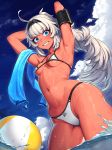  1girl :d ahoge armpits arms_behind_head arms_up ball bangs beachball bikini black_hairband blue_eyes blue_sky breasts cain_(gunnermul) cloud collarbone commentary_request cowboy_shot dark_skin day eyebrows_visible_through_hair from_below grin hairband highres korean_commentary long_hair looking_at_viewer looking_down navel open_mouth original outdoors ponytail sidelocks silver_hair skindentation sky small_breasts smile solo standing stomach swimsuit teeth thighs towel underboob very_long_hair wading water white_bikini 