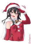  1girl alternate_costume black_hair blush breasts christmas covered_navel dress ebifurya elbow_gloves eyebrows_visible_through_hair fur-trimmed_dress fur_trim gloves grey_eyes hair_ornament hairclip hat highres kantai_collection long_hair looking_at_viewer open_mouth oyashio_(kantai_collection) red_dress red_gloves santa_costume santa_dress santa_hat simple_background small_breasts smile solo twitter_username white_background 