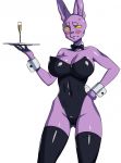  2020 alcohol anthro beerus beverage big_breasts blush bodily_fluids bow_tie breasts bunny_costume champagne clothed clothing costume crossgender digital_media_(artwork) domestic_cat dragon_ball dragon_ball_super felid feline felis female hairless hairless_cat legwear mammal mcfli rubber simple_background solo sweat 