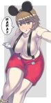  1girl bare_shoulders blush breasts brown_hair cleavage cosplay darabuchi disney eyebrows_visible_through_hair gloves hair_between_eyes highres large_breasts licking_lips looking_at_viewer mickey_mouse mickey_mouse_(cosplay) mickey_mouse_ears persona persona_3 red_shorts shiny shiny_clothes shiny_hair shiny_skin short_hair shorts simple_background solo speech_bubble suspenders takeba_yukari tongue tongue_out white_gloves 