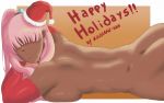  ass breasts christmas christmas_ornaments dark_skin elbow_gloves face_down gloves hair_ornament happy_holidays highres huge_breasts large_breasts lipstick makeup no_eyes nude original pink_hair pink_lipstick side_ponytail very_dark_skin 