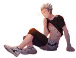  1boy abs arm_support bangoul black_legwear black_shirt bokuto_koutarou full_body grey_hair haikyuu!! knee_pads looking_to_the_side male_focus midriff muscle navel pulling shirt shoes short_hair short_sleeves shorts simple_background sitting sneakers solo spiked_hair steam sweatdrop t-shirt white_background white_shorts yellow_eyes 