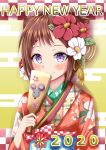  1girl 2020 bang_dream! bangs blush bow brown_hair checkered checkered_background cherry_blossom_print commentary_request floral_print flower green_background hair_flower hair_ornament hairclip hanetsuki happy_new_year highres holding japanese_clothes kimono long_sleeves looking_at_viewer mofumofu_122 mouse_print new_year obi plaid plaid_bow print_kimono purple_eyes sash shadow sidelocks smile solo toyama_kasumi upper_body 