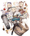  3girls :d animal_ears black_legwear blonde_hair blue_eyes bow choker floral_print frilled_kimono frills full_body hair_bow japanese_clothes ji_no kettle kimono long_hair looking_at_viewer mallet mochi multiple_girls official_art open_mouth pig_ears plump sandals sash short_kimono shrimp sinoalice skinny smile thighhighs three_little_pigs_(sinoalice) transparent_background upper_teeth 