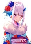  1girl absurdres bangs blue_flower blue_hair blue_kimono blue_ribbon blue_rose braid closed_mouth commentary_request eyebrows_visible_through_hair floral_print flower fur_collar hair_flower hair_ornament hair_ribbon highres japanese_clothes kimono lize_helesta looking_at_viewer multicolored_hair nijisanji obi print_kimono purple_eyes red_flower red_rose ribbon rose sash simple_background smile solo two-tone_hair upper_body virtual_youtuber white_background white_hair yuuki_nao_(pixiv10696483) 