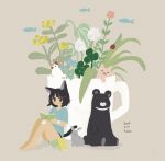  156m 1girl 2019 :3 absurdres animal_ears aqua_shirt bandaid bandaid_on_arm bandaid_on_knee bare_legs bear bird black_bear black_eyes black_hair blush book bug bunny cat_ears cat_tail chicken cup dated fish flower flying_fish grey_background hair_ornament hairclip highres insect ladybug legs_together looking_at_viewer original oversized_object pig reading shirt signature simple_background sitting solo t-shirt tail 