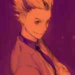  1boy bokuto_koutarou closed_mouth collar formal haikyuu!! jacket looking_at_viewer male_focus multicolored_hair necktie orka1701 purple_background purple_neckwear short_hair simple_background smile solo spiked_hair suit two-tone_hair upper_body 
