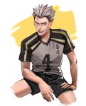  1boy black_shorts bokuto_koutarou collarbone grey_hair haikyuu!! hand_on_own_leg looking_at_viewer male_focus mistermagnolia number shirt short_hair short_sleeves shorts simple_background sitting smile solo spiked_hair sportswear t-shirt teeth two-tone_background volleyball_uniform white_background yellow_background yellow_eyes 
