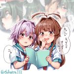  1boy 3girls admiral_(kantai_collection) ahoge ahoge_wag aqua_sailor_collar blurry book brown_eyes brown_hair commentary_request ebifurya expressive_hair fang highres huge_ahoge kantai_collection kiso_(kantai_collection) kuma_(kantai_collection) long_hair multiple_girls neckerchief open_mouth pink_hair pornography reading red_eyes red_neckwear sailor_collar school_uniform serafuku short_hair short_sleeves speech_bubble tama_(kantai_collection) tongue tongue_out translated twitter_username upper_body upper_teeth 