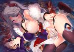  1girl antenna_hair azur_lane bangs bare_shoulders black_legwear black_panties blush breasts brown_eyes choker cleavage commentary_request eyebrows_visible_through_hair headgear iron_cross japanese_clothes kawai kimono large_breasts long_hair long_sleeves looking_at_viewer lying mole mole_on_breast multicolored_hair on_side open_mouth panties panty_pull prinz_eugen_(azur_lane) prinz_eugen_(dance_of_a_hundred_flowers)_(azur_lane) pulled_by_self red_hair see-through side-tie_panties sideboob silver_hair solo streaked_hair sweat swept_bangs thighhighs thighs two_side_up underwear very_long_hair wet wet_clothes wide_sleeves 