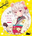  1girl 2020 animal_ears bandaid_on_arm black_gloves blush bow checkered checkered_background cherry_blossom_print chinese_zodiac commentary_request floral_print gloves grey_hair gyozanuko hair_bow hair_bun happy_new_year highres japanese_clothes kimono long_hair looking_at_viewer mouse mouse_ears new_year obi original parted_lips polka_dot polka_dot_bow print_kimono red_bow red_eyes sash side_bun side_ponytail solo upper_body white_kimono year_of_the_rat 