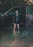  1girl arm_on_knee arm_support bare_legs black_eyes black_hair car expressionless ground_vehicle highres hood hoodie looking_at_viewer motor_vehicle open_clothes open_hoodie original partially_submerged reflection rust scenery sitting solo tagme tokunaga_akimasa 