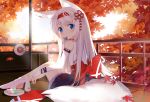  autumn blue_eyes blush drink food fufumi leaves long_hair original sake white_hair 