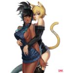  2girls animal_band_legwear animal_ear_fluff animal_ears aran_sweater bare_shoulders black_hair black_legwear black_sweater blonde_hair blue_sweater borrowed_character breasts cat_band_legwear cat_ears cat_tail commentary couple dark_arts_kai dark_skin derivative_work dress english_commentary fish_tail fox_ears hug hug_from_behind large_breasts medium_hair meme_attire multiple_girls naked_sweater no_bra nose off-shoulder_sweater off_shoulder original purple_eyes ribbed_sweater scales short_hair sideboob smile sweater sweater_dress tail thighhighs turtleneck turtleneck_sweater virgin_killer_sweater white_background yellow_eyes yuri 