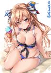  1girl adapted_costume arm_support bikini black_neckwear blue_bikini blush breasts brown_eyes brown_hair cleavage collarbone detached_collar ebifurya food hair_tie highres holding holding_food ice_cream johnston_(kantai_collection) kantai_collection long_hair looking_at_viewer medium_breasts navel parted_lips sailor_collar simple_background sitting solo swimsuit twintails twitter_username white_background 