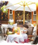  4boys black_hair bowl_cut cafe cape dragon_ball dragon_ball_z green_skin male_focus menu multiple_boys piccolo restaurant sitting son_gohan son_gokuu table turban umbrella vegeta xiling 