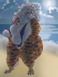 2020 anthro beach big_breasts bikini biped breasts buxbi buxbi_(character) claws clothed clothing curvy_figure digital_drawing_(artwork) digital_media_(artwork) felid female fingers fur hair mammal mexifurfoof nipples outside overweight pantherine sand seaside sky slightly_chubby smile solo standing swimwear thick_thighs tiger toes tuft voluptuous water white_body white_fur white_hair wide_hips 