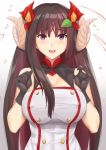  1girl arciealbano azur_lane bangs bare_shoulders black_gloves blush breasts brown_hair cleavage covered_nipples eyebrows_visible_through_hair flower gloves gradient gradient_background hair_flower hair_ornament hands_up highres horns large_breasts long_hair looking_at_viewer open_mouth purple_eyes red_flower smile solo suruga_(azur_lane) very_long_hair 