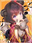  1girl 2020 :3 animal animal_ears bangs blush blush_stickers brown_hair chinese_zodiac closed_mouth commentary_request covered_mouth eyebrows_visible_through_hair floral_background grey_eyes hair_between_eyes hands_up heart highres holding holding_animal japanese_clothes kimono long_sleeves looking_at_viewer mouse mouse_ears orange_background original purple_eyes red_kimono see-through single_hair_intake solo tonchan wide_sleeves year_of_the_rat 
