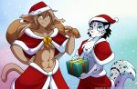  2019 abs adira_(twokinds) anthro athletic basitin black_hair blue_eyes blush breasts brown_body brown_fur brown_hair christmas clothed clothing conditional_dnp duo felid female fluffy fur gift gradient_background green_eyes grey_body grey_fur hair hand_on_hip hat headgear headwear hi_res holding_object holidays keidran king_adelaide looking_at_viewer mammal midriff monochrome multicolored_body multicolored_fur navel pantherine pose sack santa_hat simple_background skimpy smile snow_leopard spots spotted_body spotted_fur tom_fischbach twokinds under_boob webcomic white_body white_fur 