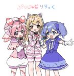  3girls :d animal_ears bangs blue_bow blue_dress blue_eyes blue_hair blush bow cat_ear_headphones cat_ears dress eyebrows_visible_through_hair fake_animal_ears gloves hair_between_eyes hair_bow hat headphones holding holding_microphone hood hood_down hooded_jacket ienaga_mugi jacket long_sleeves looking_at_viewer microphone multiple_girls nijisanji open_mouth outstretched_arm pink_bow pink_capelet pink_headwear puffy_short_sleeves puffy_shorts puffy_sleeves red_bow short_shorts short_sleeves shorts simple_background sleeves_past_wrists smile striped striped_jacket striped_shorts translation_request twintails ushimi_ichigo v-shaped_eyebrows virtual_youtuber white_background white_gloves white_shorts yamabukiiro yuuki_chihiro 