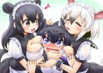  3girls :d alternate_costume animal_ears anteater_ears anteater_tail apron black_hair black_jaguar_(kemono_friends) blue_eyes blush breast_press breast_smother breasts breasts_on_shoulders brown_eyes center_opening cleavage closed_eyes covered_nipples ear_licking enmaided extra_ears eyebrows_visible_through_hair frills grey_hair hair_between_eyes highres hug kemono_friends licking long_hair looking_at_another looking_at_viewer maid maid_apron maid_headdress malayan_tapir_(kemono_friends) medium_breasts medium_hair multicolored_hair multiple_girls nose_blush open_mouth puffy_short_sleeves puffy_sleeves sekiguchi_miiru shirt short_sleeves sidelocks skirt smile southern_tamandua_(kemono_friends) tail tamandua_ears tamandua_tail tapir_ears tapir_tail tongue tongue_out two-tone_hair unaligned_breasts waist_apron wavy_mouth wrist_cuffs yuri 