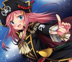  1girl :o black_headwear blue_eyes blush capelet cloak cravat epaulettes hair_ornament hairclip hat hat_feather index_finger_raised katou_marika long_hair miniskirt_pirates open_mouth pink_hair pirate pirate_hat sheath sheathed sk02 skull_and_crossbones solo space 