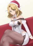  1girl bare_shoulders between_breasts blonde_hair breasts commentary_request detached_collar detached_sleeves hat hiromon houston_(kantai_collection) kantai_collection pantyhose santa_hat sitting thighs yellow_eyes 