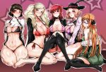  5girls absurdres bare_shoulders bikini bikini_top black_bikini black_legwear blonde_hair blue_eyes blush breasts brown_hair gggg glasses grin hat hat_feather highres large_breasts looking_at_viewer multiple_girls niijima_makoto okumura_haru open_mouth orange_hair persona persona_5 persona_5_the_royal pink_bikini red_bikini red_eyes red_hair sakura_futaba shiny shiny_skin shirt short_hair smile swimsuit takamaki_anne thighhighs twintails white_shirt yoshizawa_kasumi 