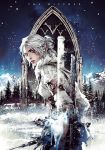  1girl ciri forest from_behind green_eyes hair_bun long_hair mountain nature official_art scar silver_hair snow snowing sword the_witcher unicorn weapon white_hair xiling 