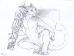  anthro charr claws fangs felid female fur greyscale guild_wars gun hindpaw mammal micca_(character) monochrome multi_ear nude paws ranged_weapon rifle sitting sketch skulldog slit_pupils solo striped_body striped_fur stripes toe_claws video_games weapon whiskers 