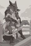  2019 4_fingers 4_toes 5_fingers anthro bridge canid canine day detailed_background digital_media_(artwork) duo fingers greyscale male mammal monochrome nude outside sergal sky smile toes wolfy-nail 