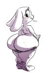  2016 anthro big_butt blush bottomwear butt clothing disney ears_down judy_hopps lagomorph leporid looking_back lowkey mammal monochrome pants pivoted_ears rabbit simple_background sketch text thick_thighs white_background wide_hips zootopia 