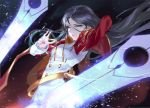  1girl black_hair blue_eyes cape highres long_hair looking_at_viewer maplestory pointy_ears shirt sword vardan weapon white_shirt 