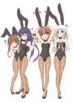  4girls akatsuki_(kantai_collection) animal_ears black_hair black_leotard black_neckwear blue_eyes bow bowtie brown_eyes brown_hair brown_legwear bunny_ears bunny_girl bunny_tail bunnysuit commentary_request detached_collar flat_chest full_body hibiki_(kantai_collection) highres ikazuchi_(kantai_collection) inazuma_(kantai_collection) kantai_collection leotard long_hair looking_at_viewer multiple_girls one_eye_closed pantyhose purple_eyes short_hair silver_hair simple_background strapless strapless_leotard tail tetsuryuu white_background wrist_cuffs 