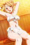  areolae arms_behind_head arms_up blush breasts brown_eyes double_bun dutch_angle hayasaka_akira light_brown_hair medium_breasts naked_towel navel official_art open_mouth sitting super_real_mahjong super_real_mahjong_p5 tanaka_ryou tied_towel towel wet 