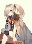 1girl bangs cape closed_mouth coat cross freckles girls_frontline glasses grey_eyes grey_hair hair_ornament hair_over_one_eye hk21_(girls_frontline) knee_pads long_hair looking_at_viewer mania_(fd6060_60) round_eyewear scarf simple_background sitting sleeveless smile solo strap thigh_strap twintails white_background 
